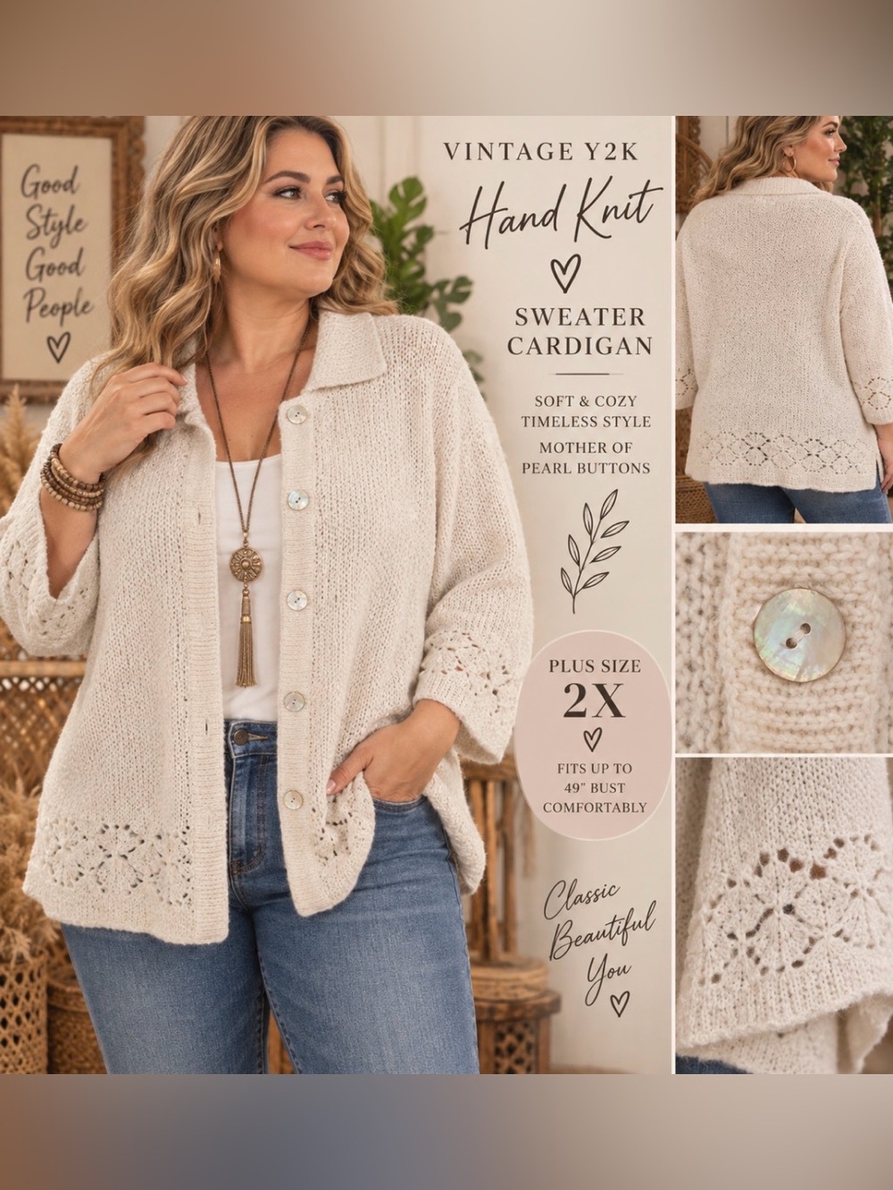 Vintage plus size - Hand-Knit - mop buttons- Cream Sweater Cardigan - 2X